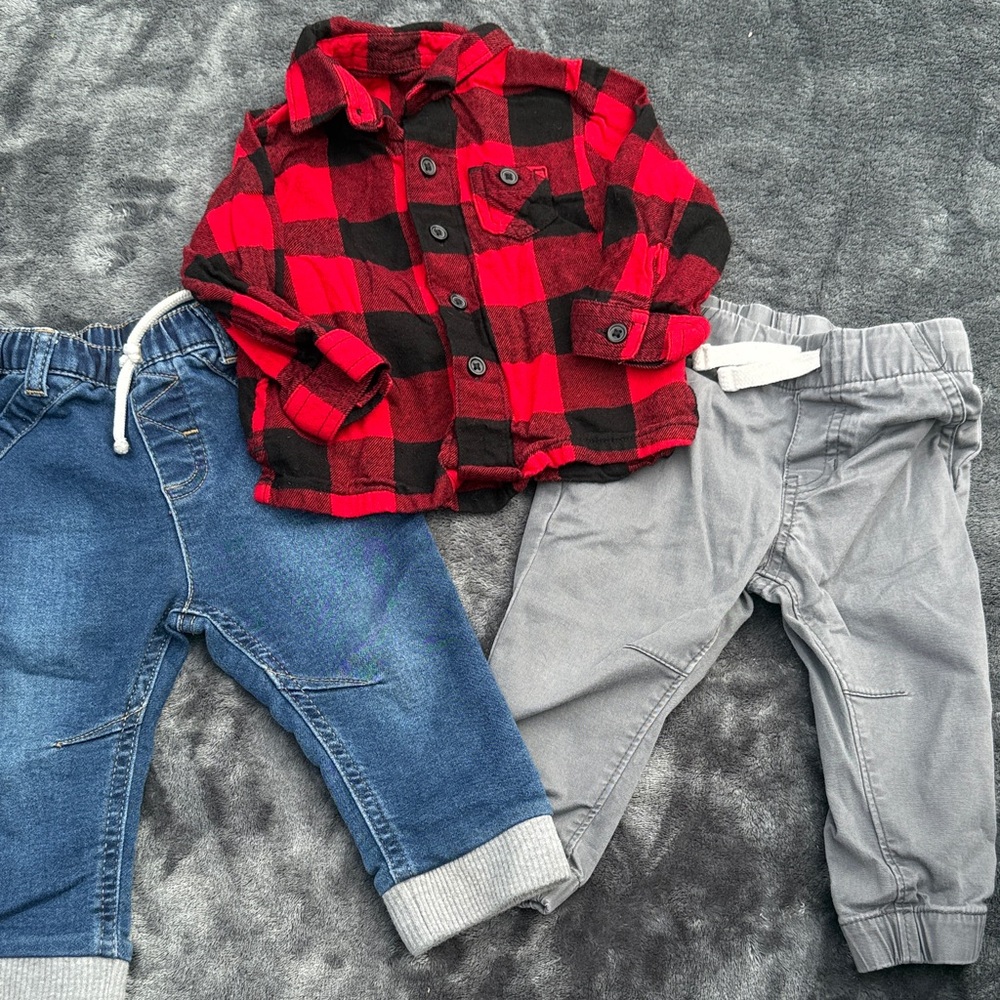 Red and Black Plaid Kids button down shirt with Gray and Blue Pants Set